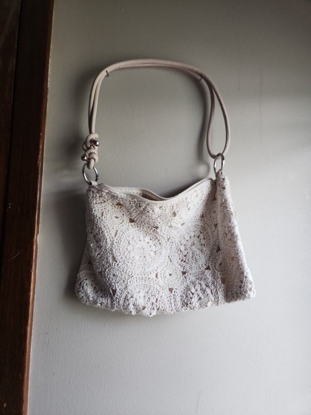 Cream Crochet Shoulder Bag with Knotted Strap